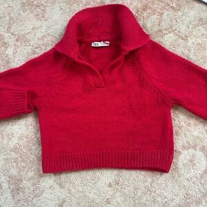 Zara Red Cowl Neck Sweater with Ribbed Texture